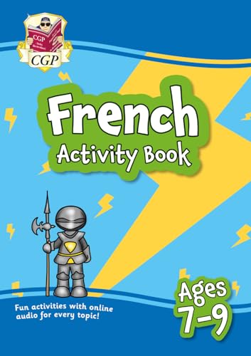 French activity book cover with knight illustration and yellow lightning bolts.