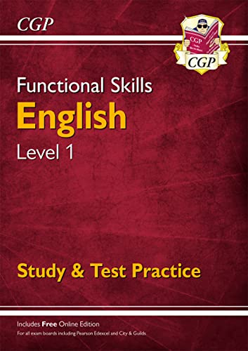 CGP Functional Skills English Level 1 Study and Test Practice textbook cover.