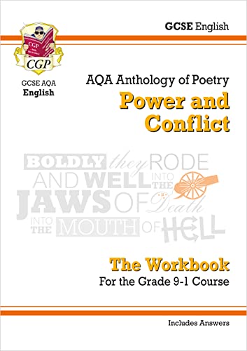 CGP GCSE English AQA Power and Conflict poetry workbook cover with text and graphics.