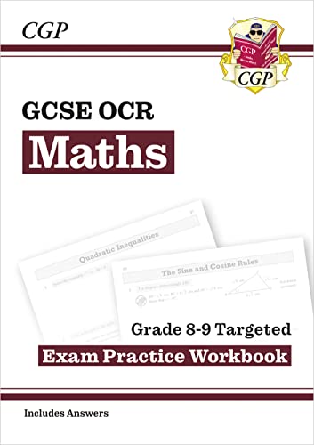 GCSE Maths OCR workbook cover with example equations and grade range.
