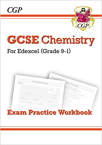 GCSE Chemistry exam practice workbook cover with sample pages shown.