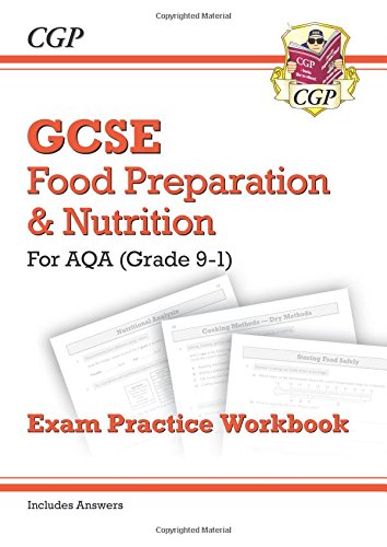 GCSE Food Preparation & Nutrition workbook cover with sample pages and CGP logo.