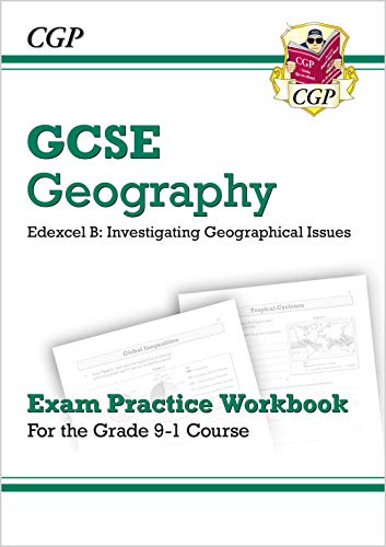 Green GCSE Geography exam practice workbook with map illustrations.