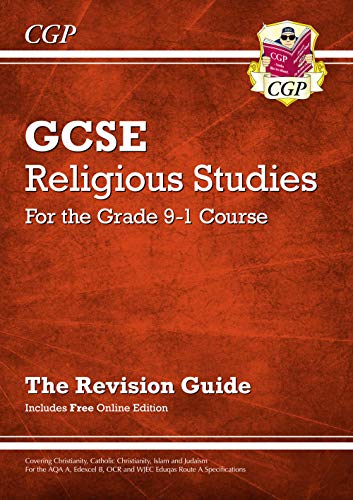 Red GCSE Religious Studies revision guide with crest and text details.