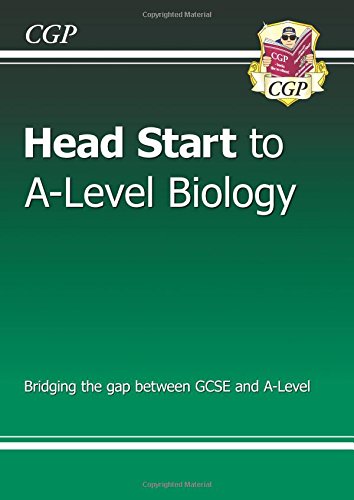 "Green textbook cover with 'Head Start to A-Level Biology' title and CGP logo."