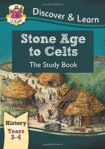 "Book cover with 'Stone Age to Celts' title and illustration of ancient village scene."