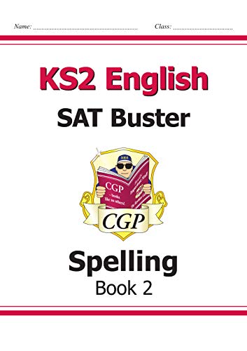 KS2 English spelling practice book cover with cartoon mascot reading.