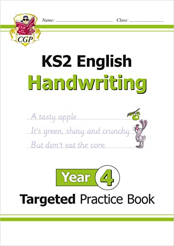 CGP Year 4 English handwriting practice book cover with a rabbit and apple illustration.