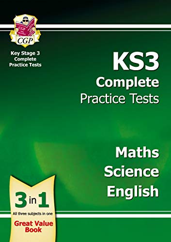 CGP KS3 Complete Practice Tests book cover for Maths, Science, and English.