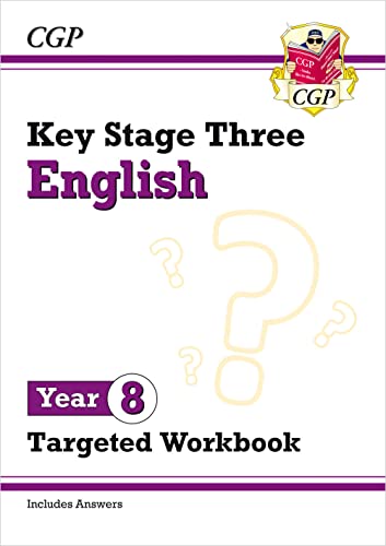 CGP Key Stage Three English Year 8 Targeted Workbook cover with question mark graphics.