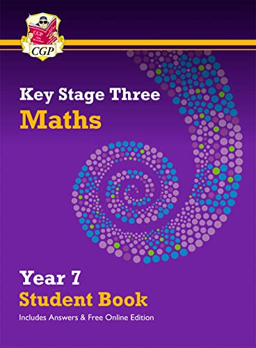 Purple CGP Key Stage Three Maths Year 7 student book cover with spiral dot pattern.