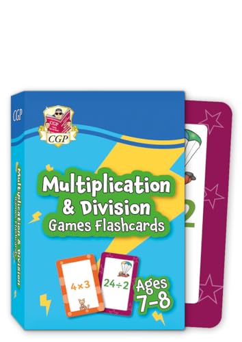 Multiplication and division games flashcards box with sample cards for ages 7-8.