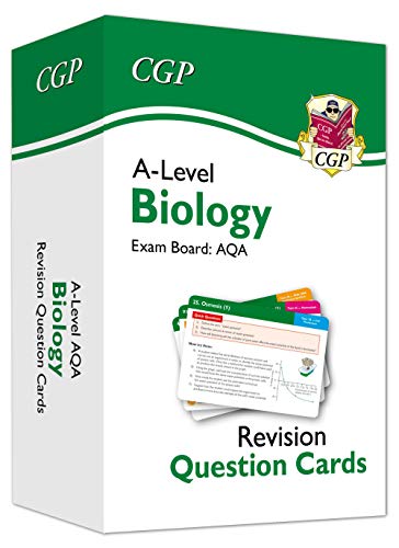 Green box of A-Level Biology AQA revision question cards with sample cards.