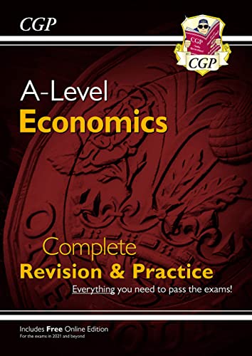 CGP A-Level Economics revision guide book cover with a dark red coin background.