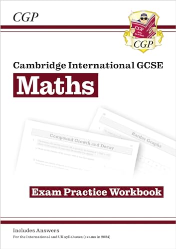 CGP Cambridge International GCSE Maths Exam Practice Workbook cover with sample page content.