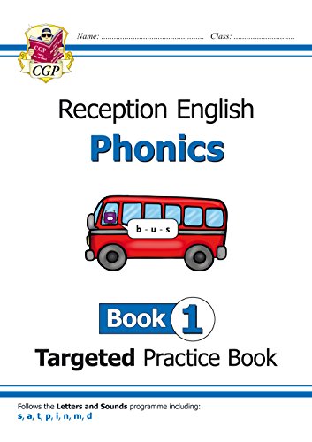 CGP Reception English Phonics Book 1 cover featuring a red bus illustration.