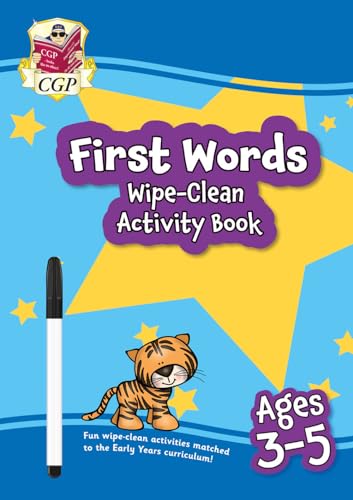 First Words" wipe-clean activity book with pen, tiger, and stars.