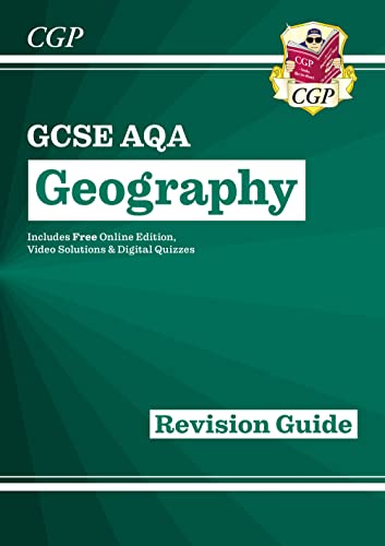 Green GCSE Geography AQA revision guide with white text and crest.
