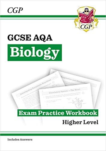 CGP GCSE AQA Biology Higher Level exam practice workbook cover with sample pages shown.