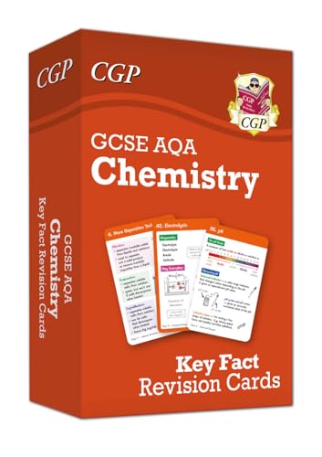 A box of orange GCSE AQA Chemistry revision cards with three sample cards displayed.