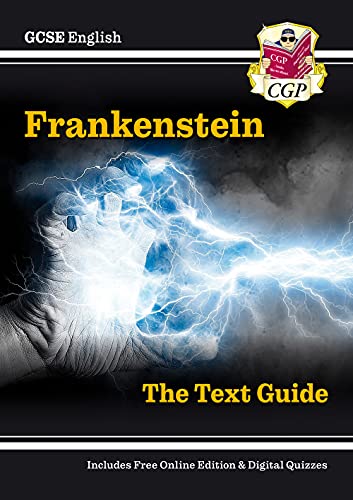 GCSE English text guide cover for *Frankenstein* with lightning and a hand.