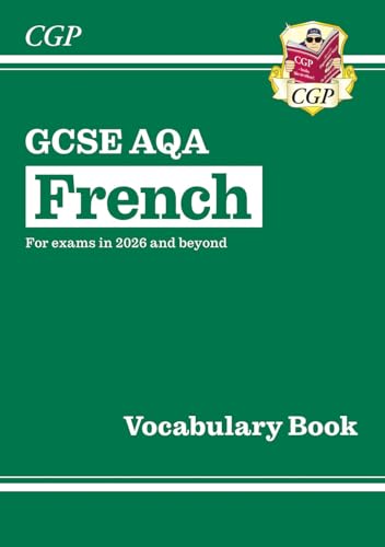 Green CGP GCSE AQA French vocabulary book cover for exams from 2026.