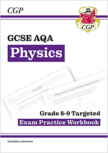 Purple GCSE Physics workbook with practice questions and answers shown.