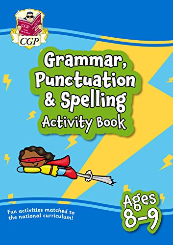 CGP Grammar, Punctuation & Spelling Activity Book for ages 8-9 with superhero illustration.