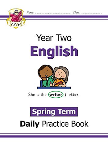 Year 2 English practice book cover with children and purple accents.