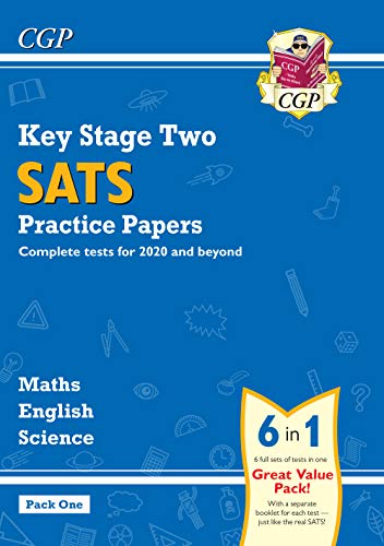 Blue CGP Key Stage Two SATS practice papers pack for Maths, English, and Science.