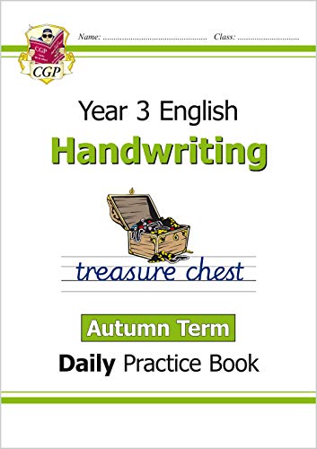 CGP Year 3 English handwriting daily practice book with a treasure chest illustration.