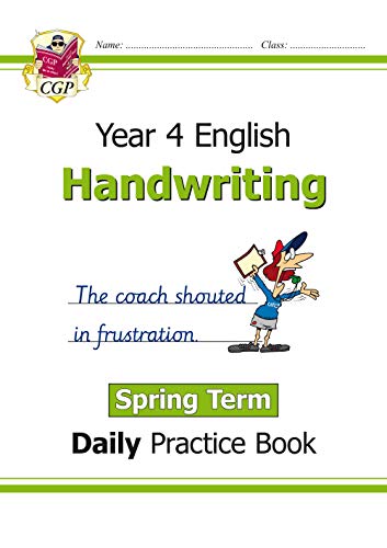 Year 4 handwriting practice book cover with cartoon coach illustration.