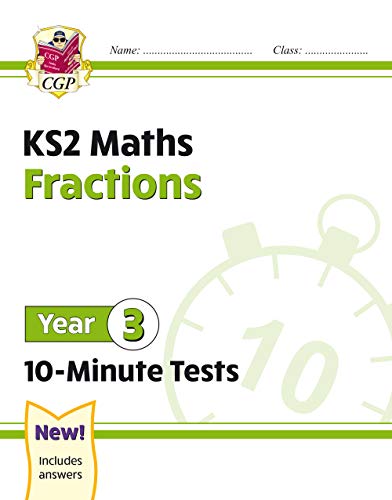 CGP Year 3 Maths Fractions 10-Minute Tests workbook cover with a stopwatch graphic.