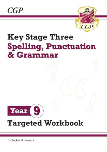 CGP Year 9 Spelling, Punctuation and Grammar targeted workbook cover with educational branding.