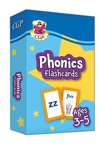 Box of CGP Phonics Flashcards for ages 3-5 with blue and yellow star background.