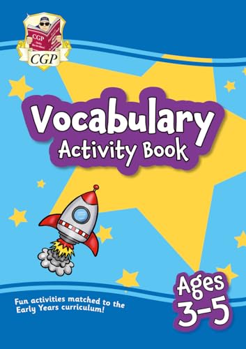 Colorful vocabulary activity book cover with a rocket and stars, for ages 3-5.