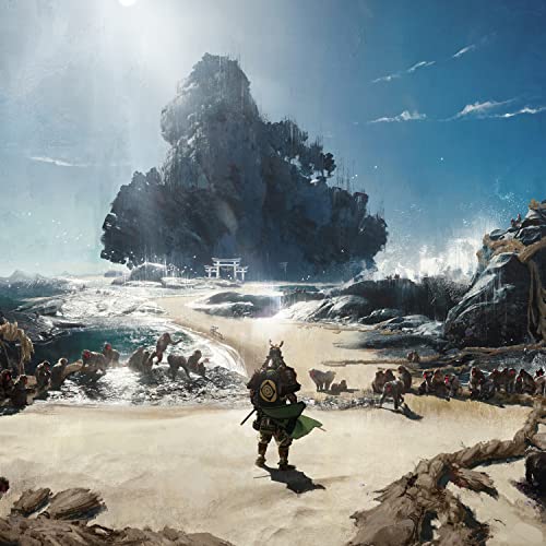 Samurai stands on a beach facing a rocky island and torii gate.