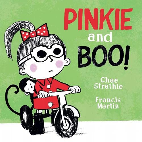 Girl with ponytail and monkey riding a tricycle, book cover.
