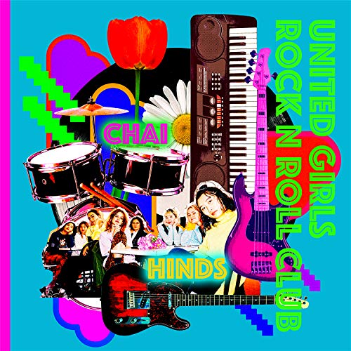 Collage of musical instruments, flowers, and band photos for Chai & Hinds vinyl.