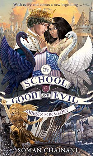 Book cover featuring two young royals, swans, and a girl with a sword.