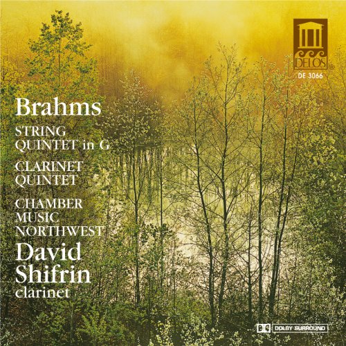 CD cover featuring a golden, misty forest scene and text for Brahms’ quintets.