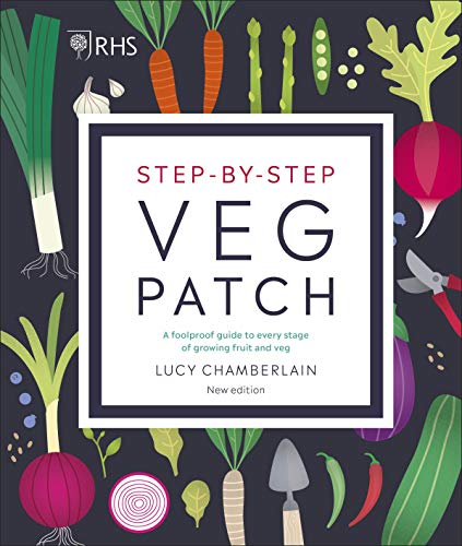 Book cover with illustrations of vegetables and gardening tools.