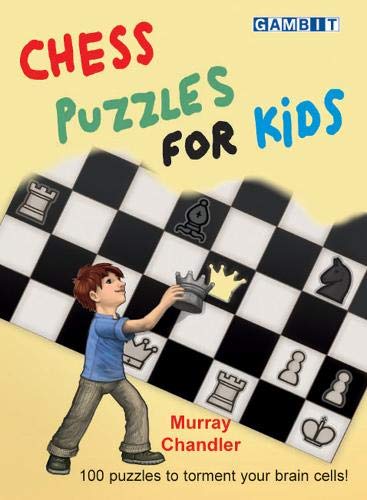 Book cover: "Chess Puzzles for Kids" with chess pieces and a boy.