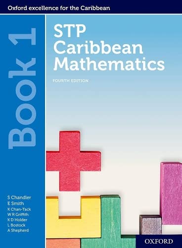 Textbook cover: “STP Caribbean Mathematics Book 1” with building blocks.