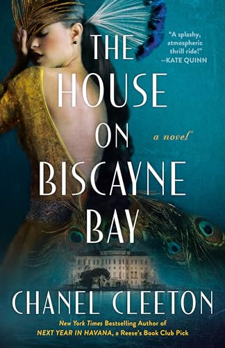 Book cover: woman in gold dress, peacock feathers, and a grand house.
