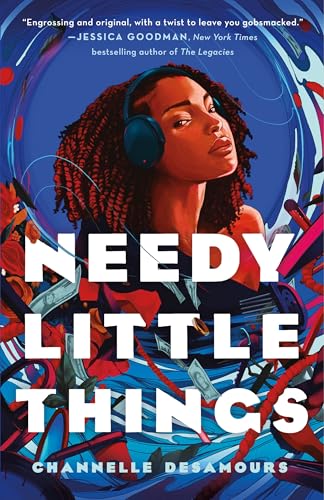 Book cover: woman with headphones, surrounded by colorful abstract shapes.