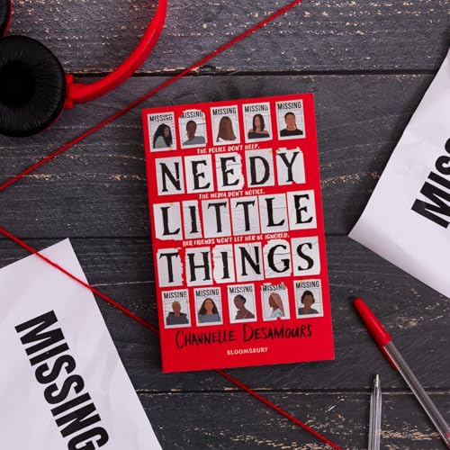 Red book cover, “Needy Little Things,” with missing persons photos and red string.