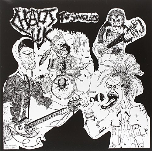 Black and white line art of a punk band performing on vinyl cover.