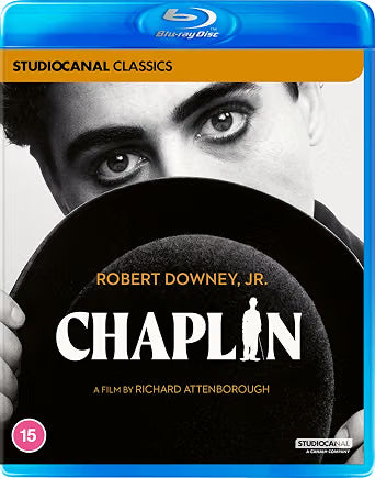 “Chaplin” Blu-ray cover featuring Robert Downey Jr. in black and white.