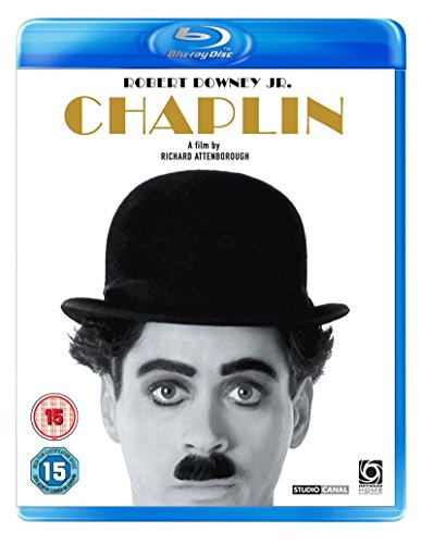 Blu-ray cover for Chaplin featuring Robert Downey Jr. in a bowler hat and mustache.